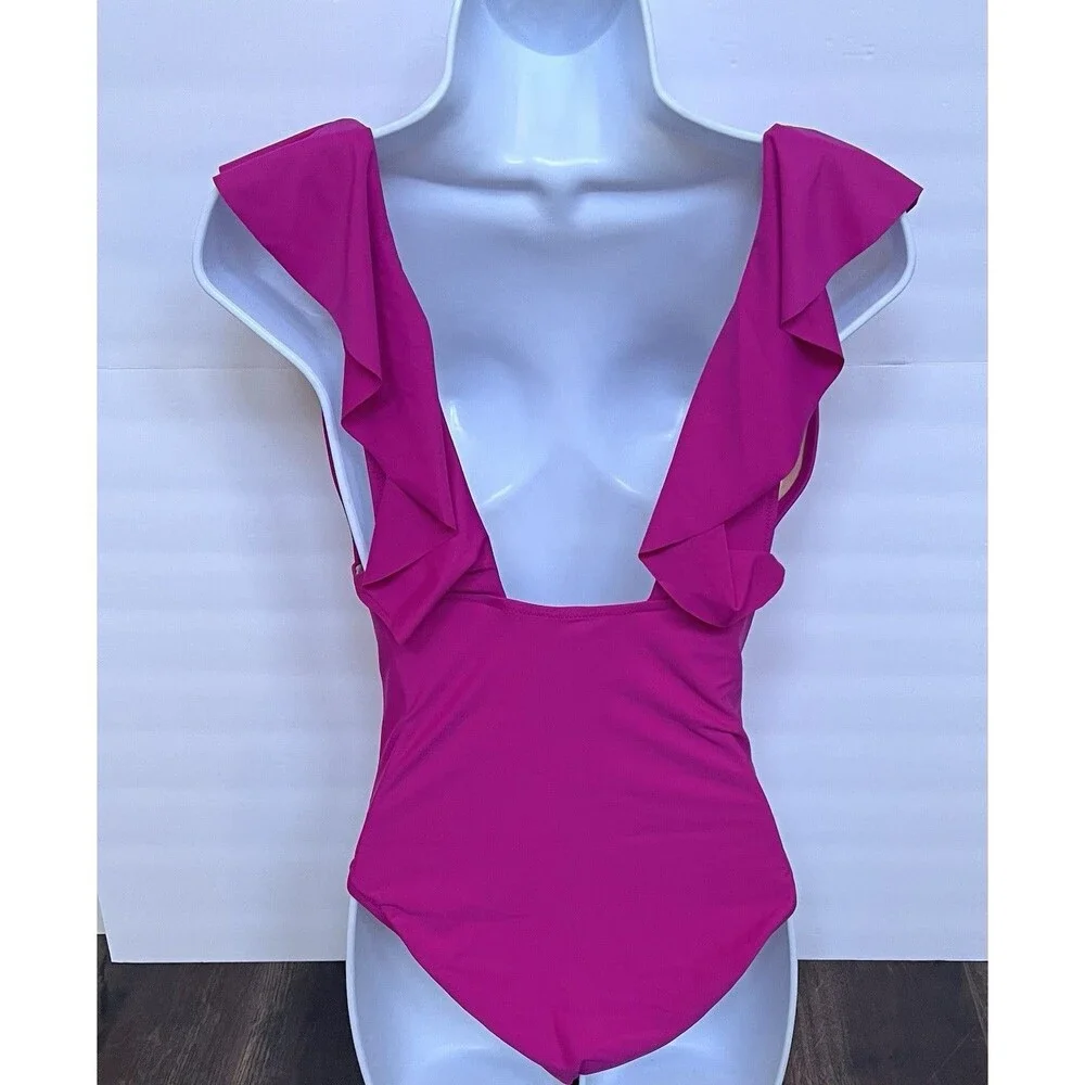 J.Crew Ruched Ruffle Size 8 One Piece Swimsuit Radiant Fuchsia Vacation Resort - Picture 2 of 11